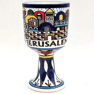 Vintage Jerusalem Hand Painted Ceramic Goblet Holy Land City Scene Kiddush Cup